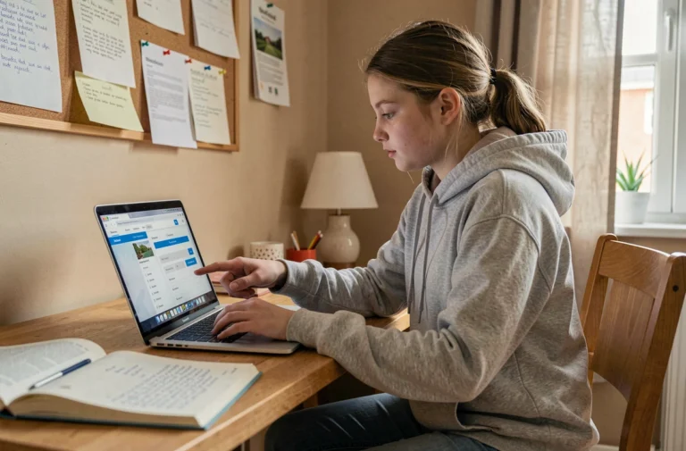 Adolescente concentrée devant un ordinateur portable consultant le portail Cyclades pour préparer le bac