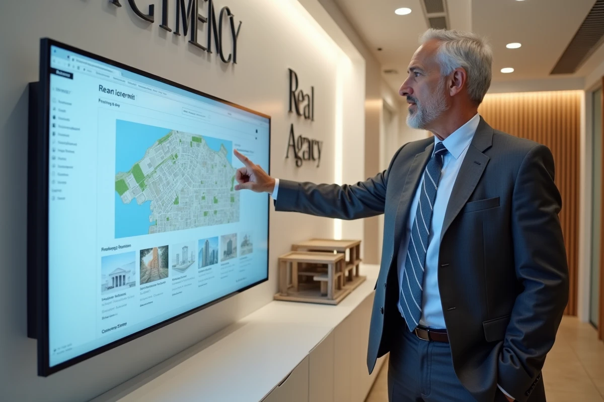Agent immobilier présentant le plan de navigation du site BTB Immobilier sur un écran interactif dans une agence moderne