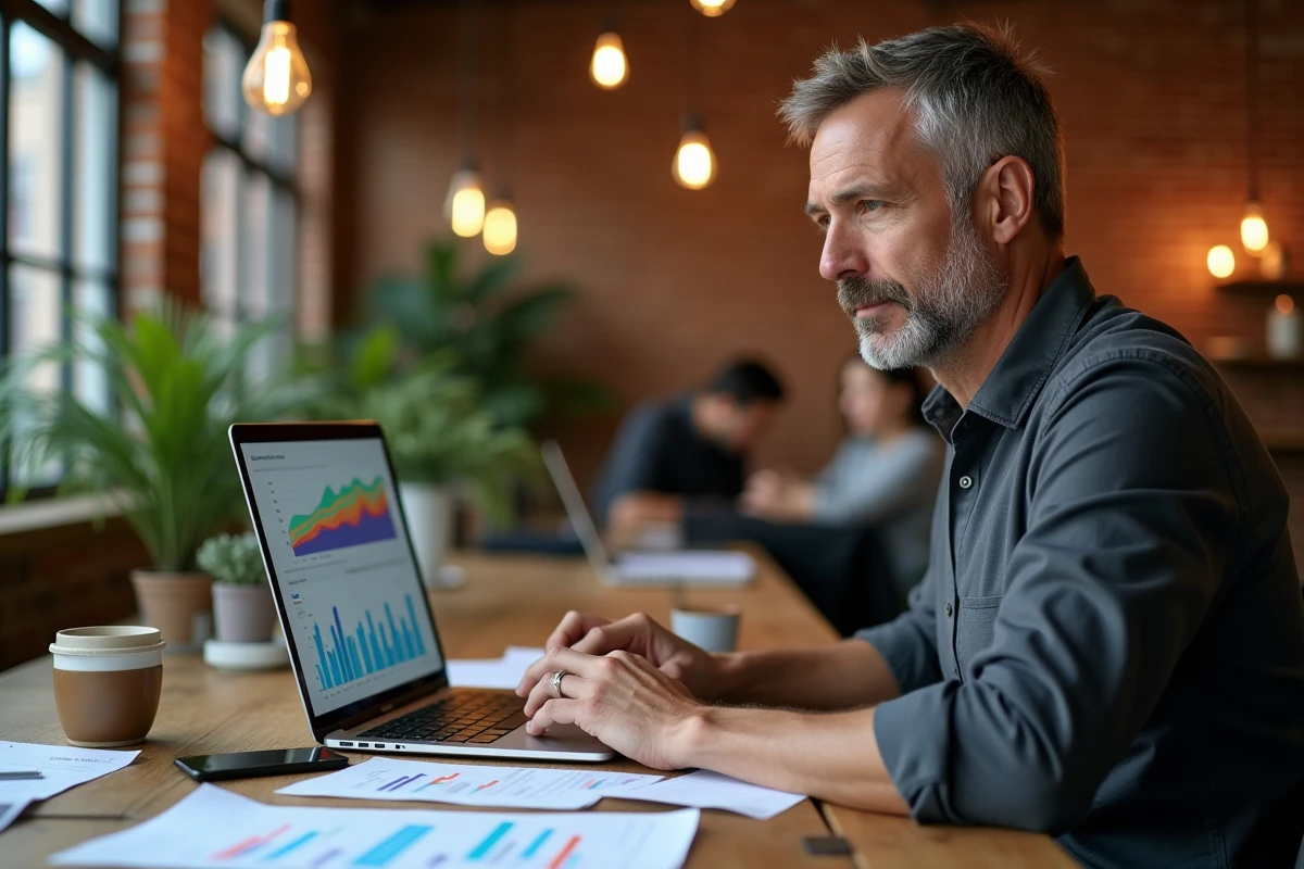 Entrepreneur analysant des données marketing et tendances numériques sur son bureau en co-working