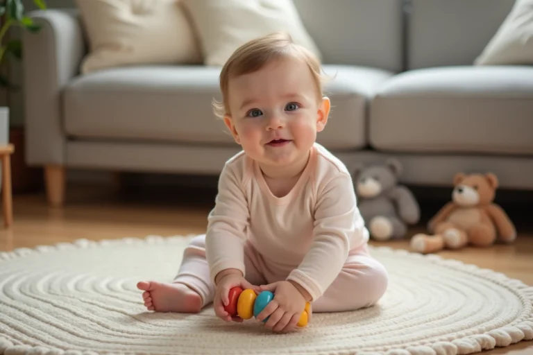 Bébé fille en pastel jouant avec un hochet coloré