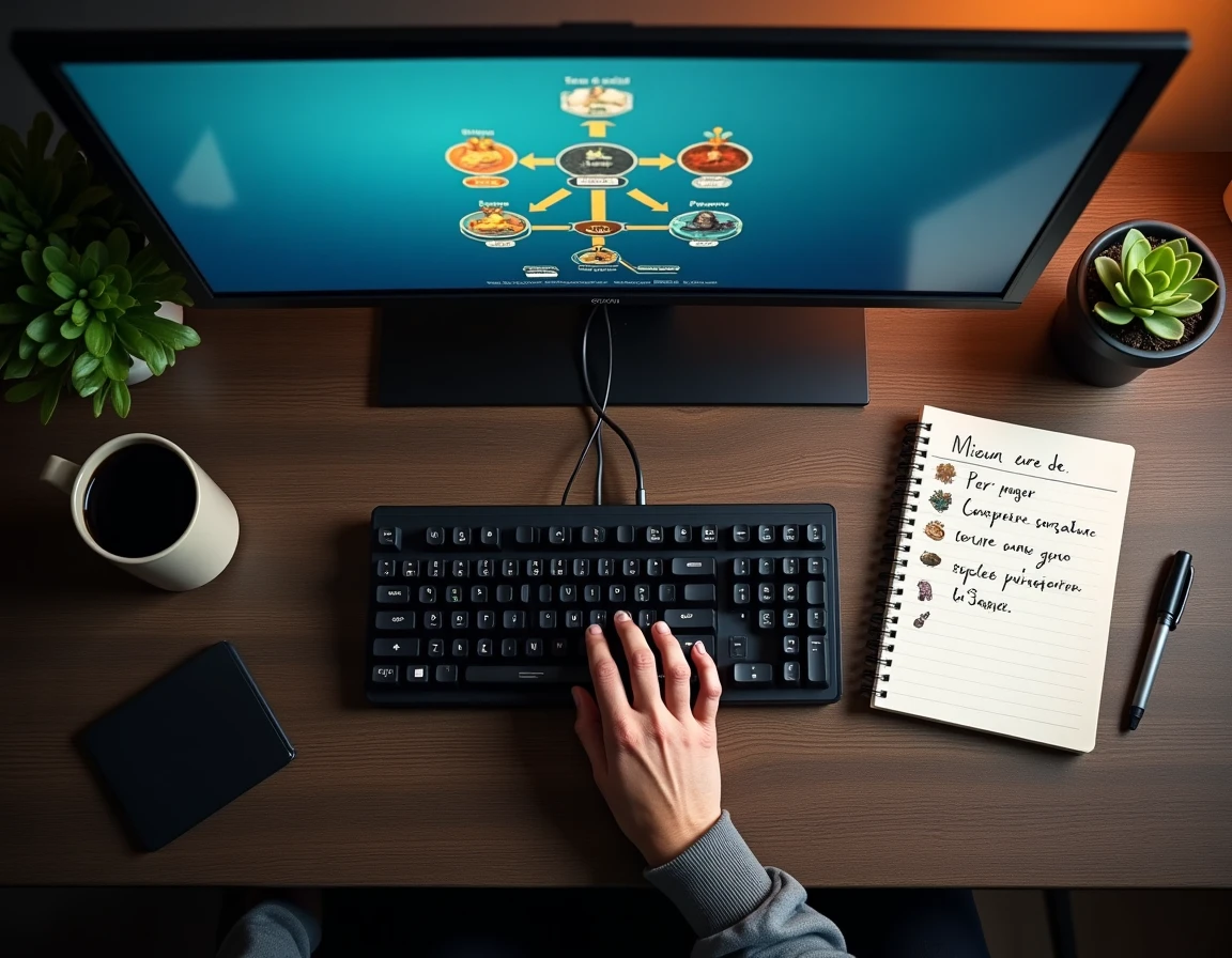 Vue aérienne d'un bureau de gamer avec l'arbre de compétences du mineur Dofus Retro sur écran et notes manuscrites