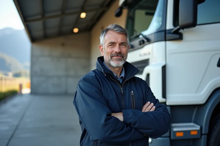 Chauffeur poids lourd suisse en veste de travail bleue devant son camion semi-remorque blanc dans un dépôt logistique