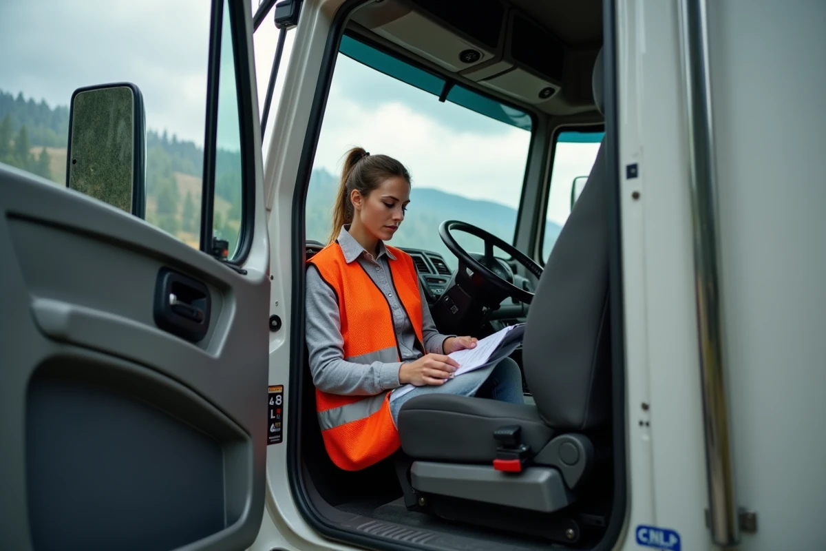 Chauffeuse poids lourd en gilet haute visibilité consultant ses documents dans la cabine d'un camion à une aire de repos suisse