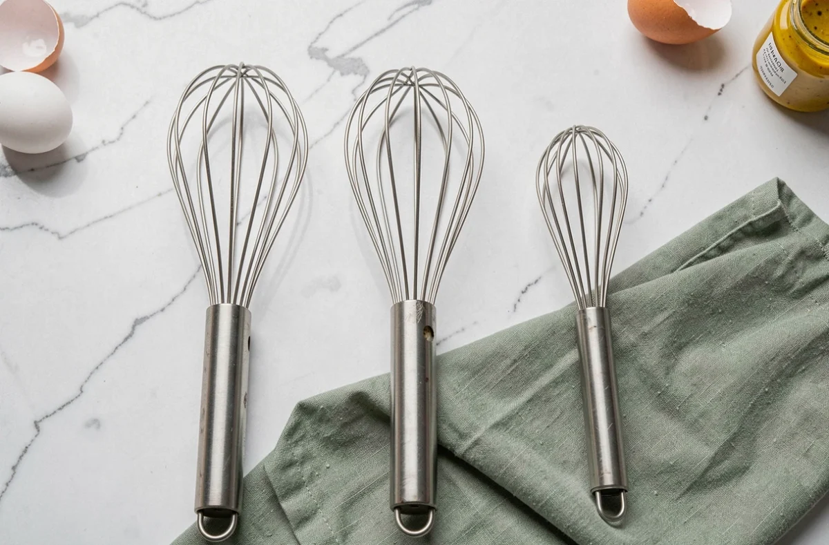 Comparaison de trois types de fouets de cuisine — fouet plat, fouet ballon et fouet à sauce — disposés sur un plan en marbre blanc