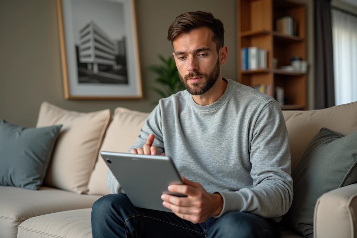 Homme consultant le plan de navigation d'un site immobilier sur une tablette dans un salon moderne