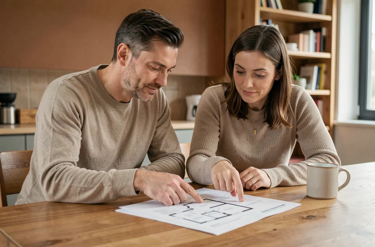 Couple examinant des documents immobiliers à une table en bois pour préparer l'achat de leur futur appartement