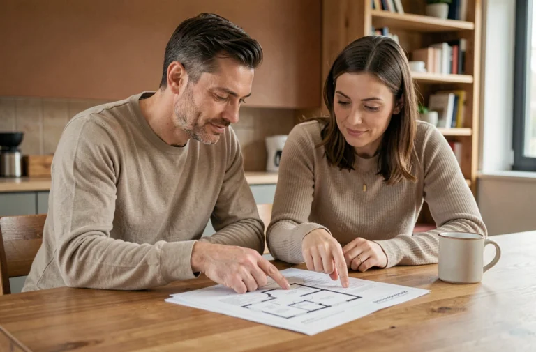 Couple examinant des documents immobiliers à une table en bois pour préparer l'achat de leur futur appartement