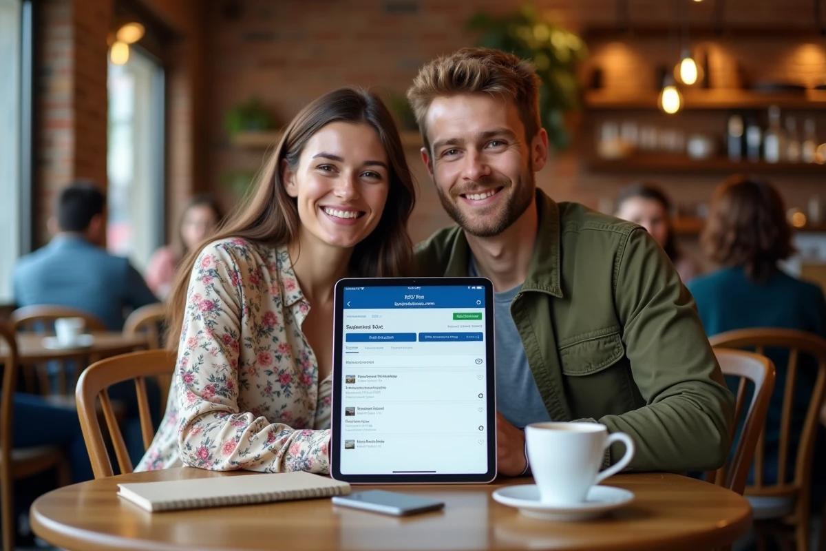 Couple consultant ensemble l'historique de réservations Booking sur une tablette dans un café