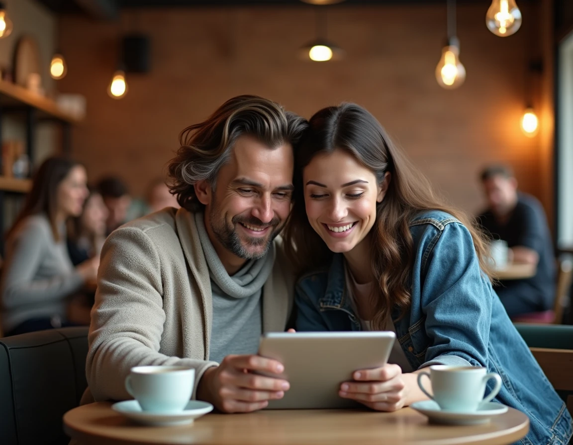 Couple consultant une plateforme de voyage sur une tablette dans un café pour organiser leurs vacances