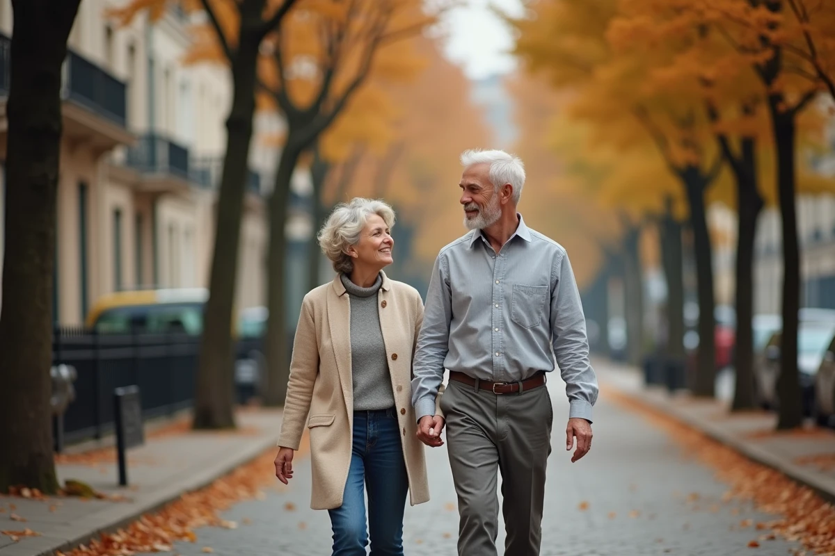 Couple élégant se promenant sur un boulevard parisien en automne, vie privée et vie de famille
