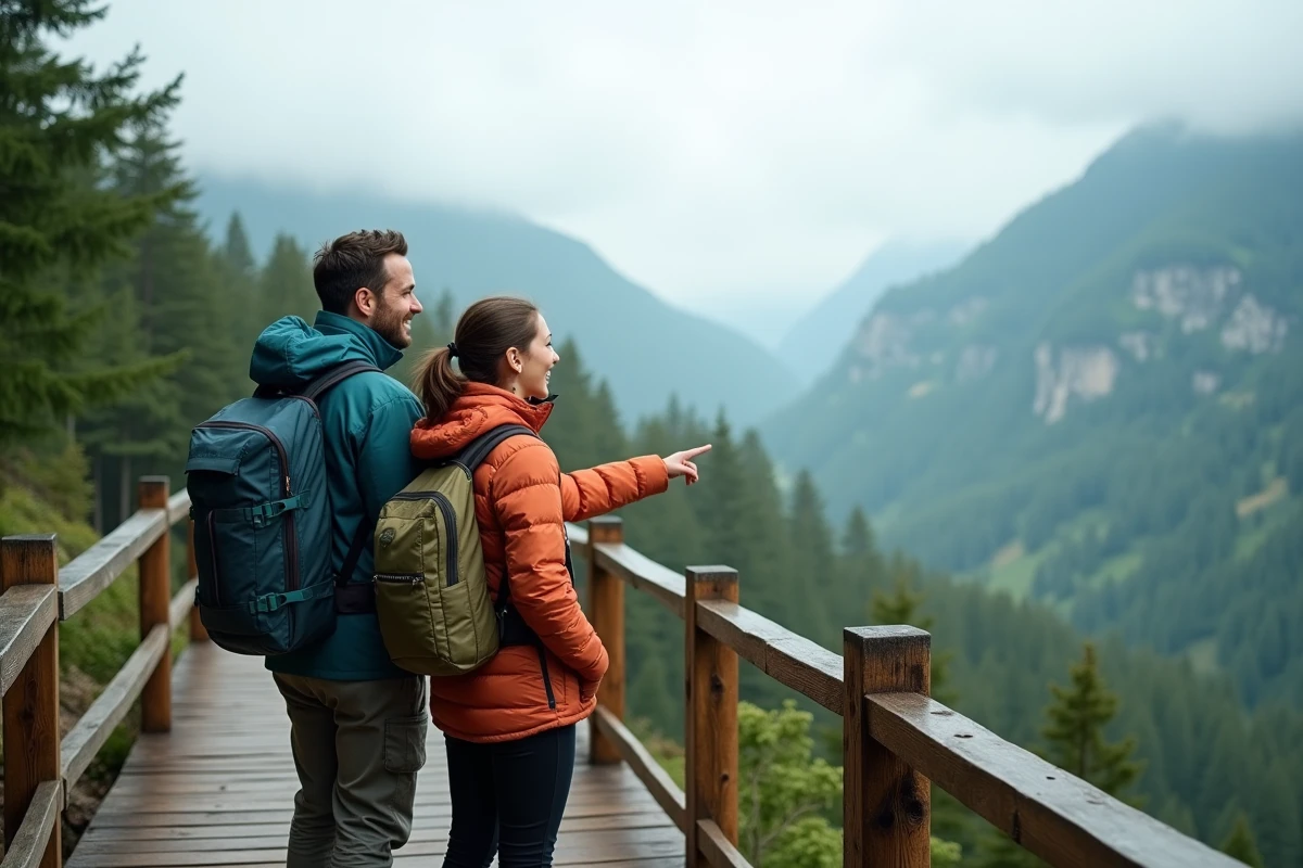 Couple de randonneurs admirant un panorama montagneux depuis un belvédère en bois