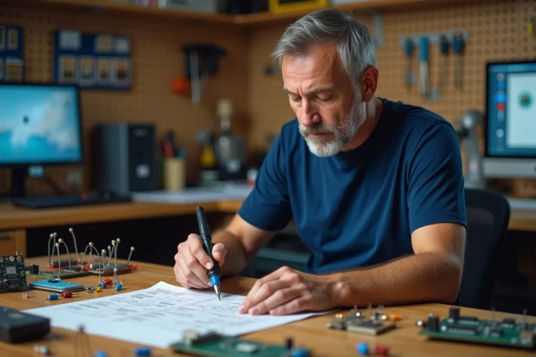 Un homme adulte travaille sur un projet d'électronique amateur à son établi en bois, suivant un tutoriel imprimé avec un fer à souder à la main