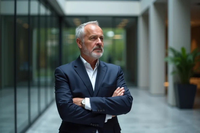 Portrait d'un dirigeant industriel européen en costume marine dans un hall d'entreprise moderne