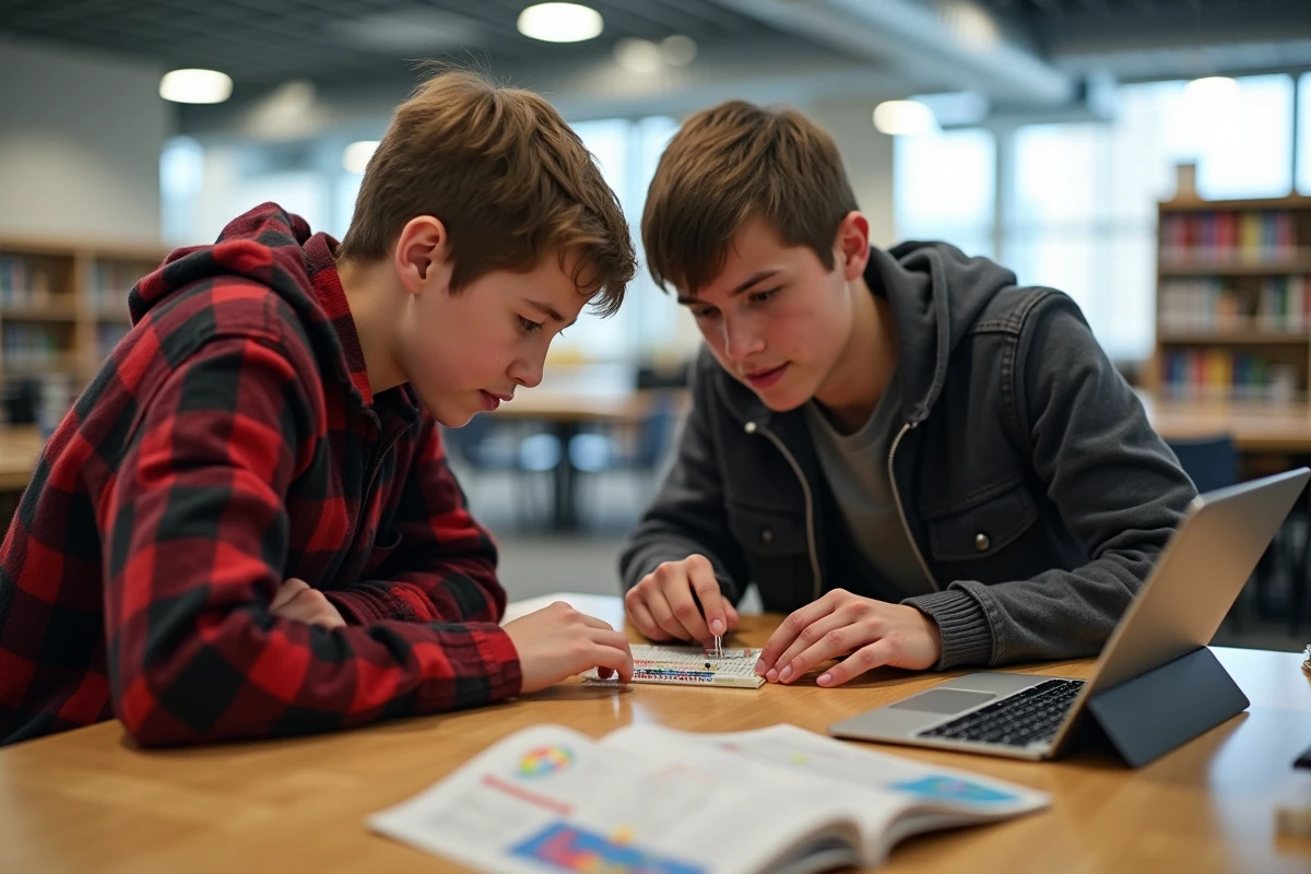 Un adolescent assemble un circuit LED sur une breadboard dans un espace makerspace de bibliothèque, guidé par un tutoriel affiché sur une tablette, en collaboration avec un camarade