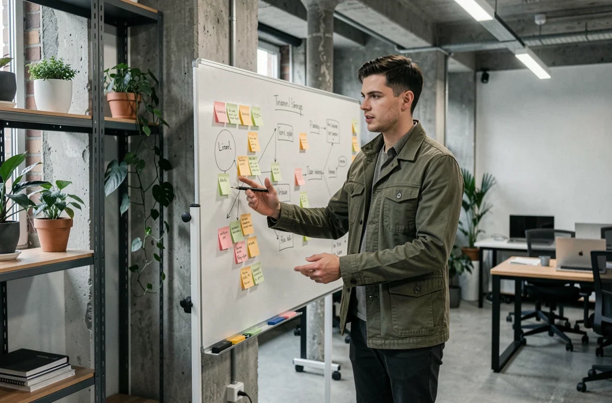 Jeune entrepreneur présentant des idées de startup sur un tableau blanc dans un espace de coworking à Liège