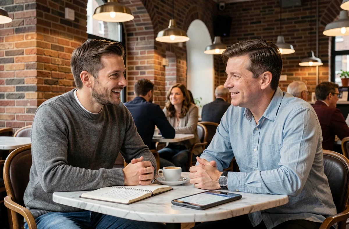Deux entrepreneurs discutant d'un projet d'entreprise dans un café de Gand en Belgique