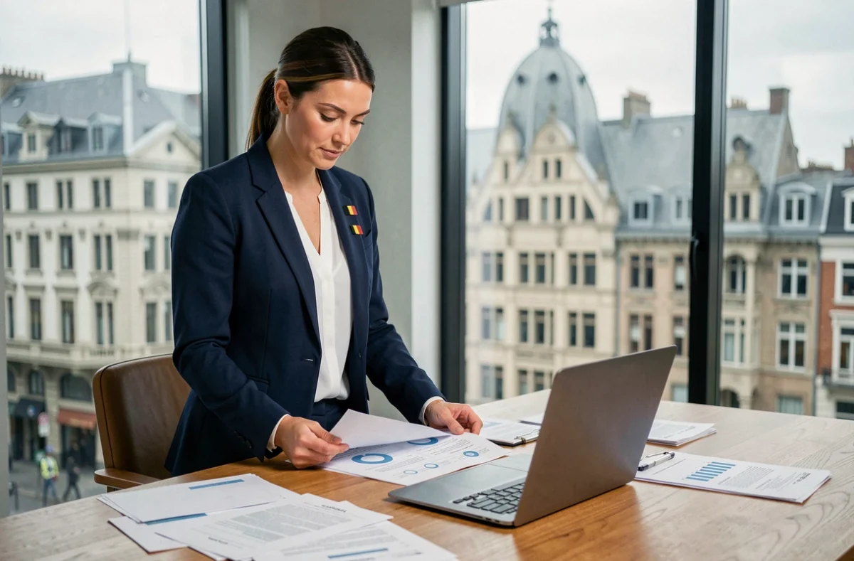 Entrepreneuse belge analysant un plan d'affaires dans un bureau moderne à Bruxelles