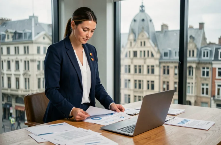 Entrepreneuse belge analysant un plan d'affaires dans un bureau moderne à Bruxelles