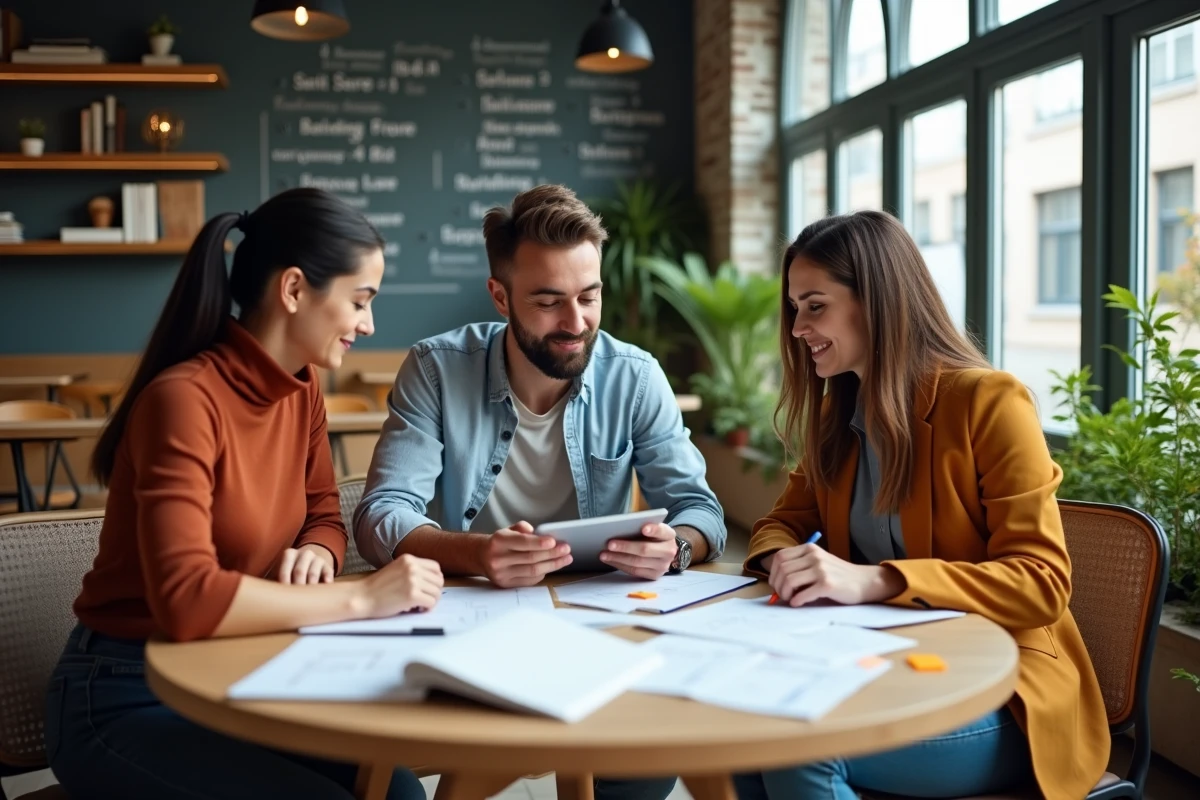 Équipe d'entrepreneurs collaborant sur une stratégie marketing innovante autour d'une table en café moderne