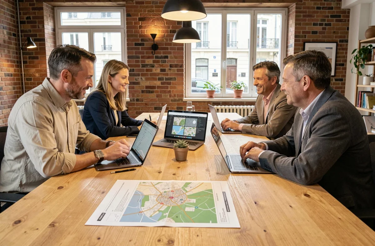 Équipe d'urbanistes collaborant sur des outils numériques pour la transformation digitale d'une collectivité locale