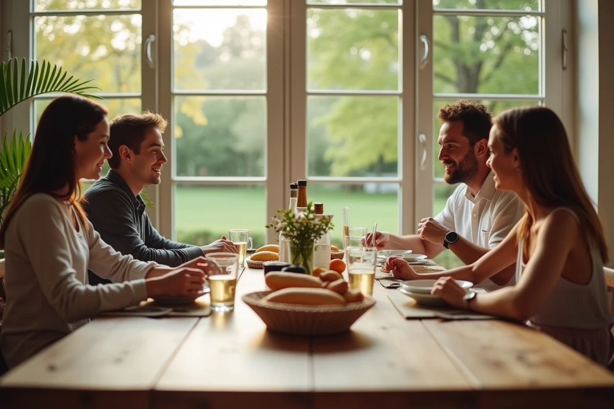 Famille réunie autour d'un repas dominical dans une maison contemporaine française, vie de famille et intimité