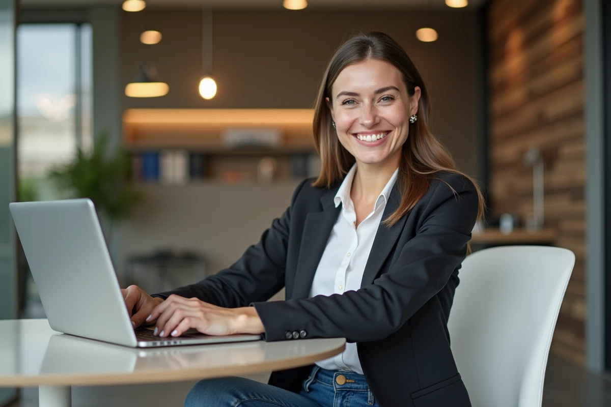 Femme souriante en bureau moderne lors d'une visioconference