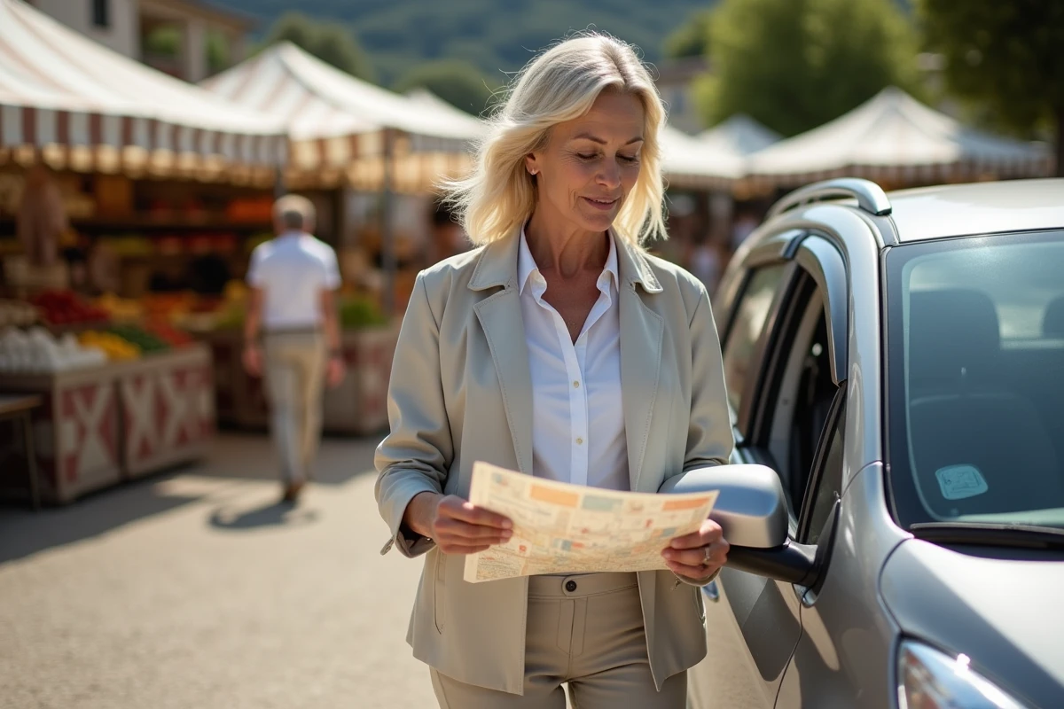 Femme consultant une carte près de sa voiture garée à proximité du marché de Fort-Mahon-Plage