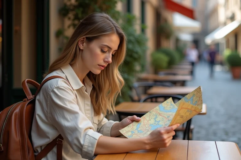 Femme consulant une carte papier dans un café européen pour organiser son voyage