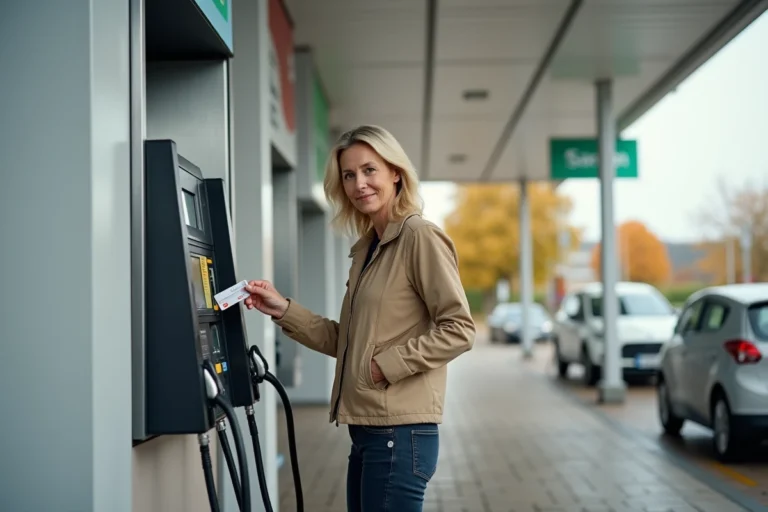 Femme utilisant un chèque vacances à une pompe à essence dans une station-service moderne