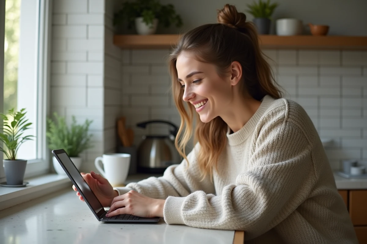 Jeune femme souriante utilisant sa tablette dans la cuisine