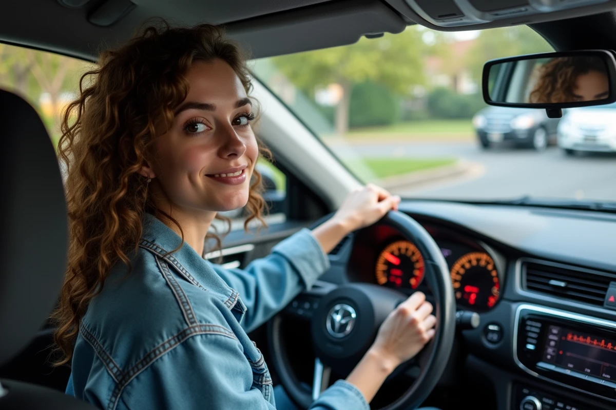Femme montrant les voyants du tableau de bord à côté de la voiture