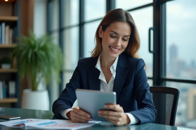 Femme d'affaires en suit navy analysant des graphiques financiers