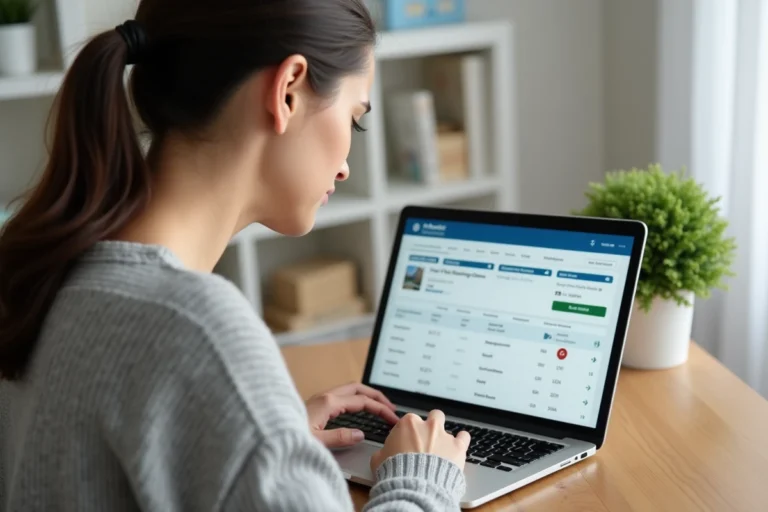 Femme consultant l'historique de réservation Booking sur un ordinateur portable dans un bureau à domicile