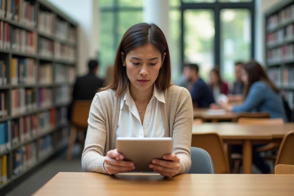 Femme perplexe utilisant une tablette dans une bibliothèque