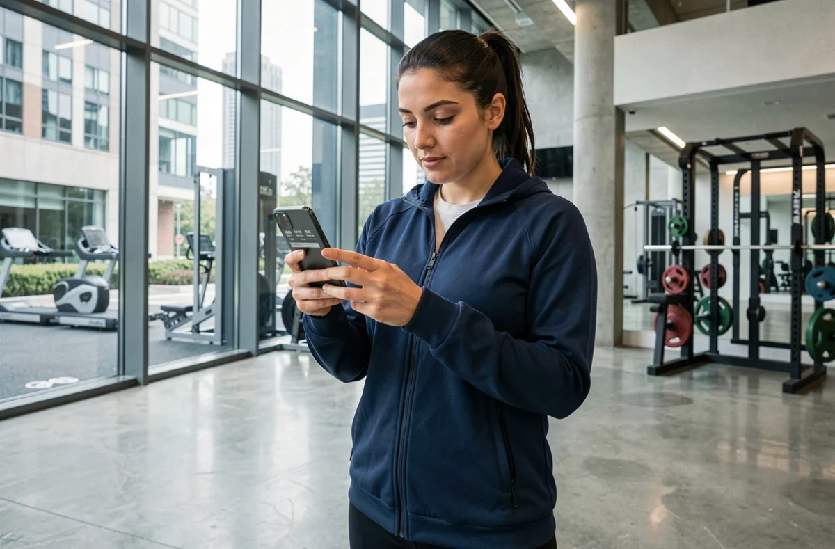 Femme explorant le plan d'un site sportif sur smartphone dans un complexe sportif moderne