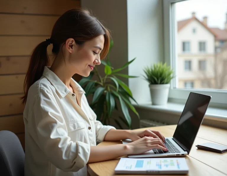 Femme organisant ses vacances sur une plateforme de voyage en ligne depuis son bureau à domicile