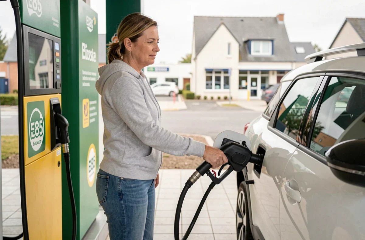 Femme faisant le plein de bioéthanol E85 sur un Citroën C3 Aircross blanc à une station-service moderne