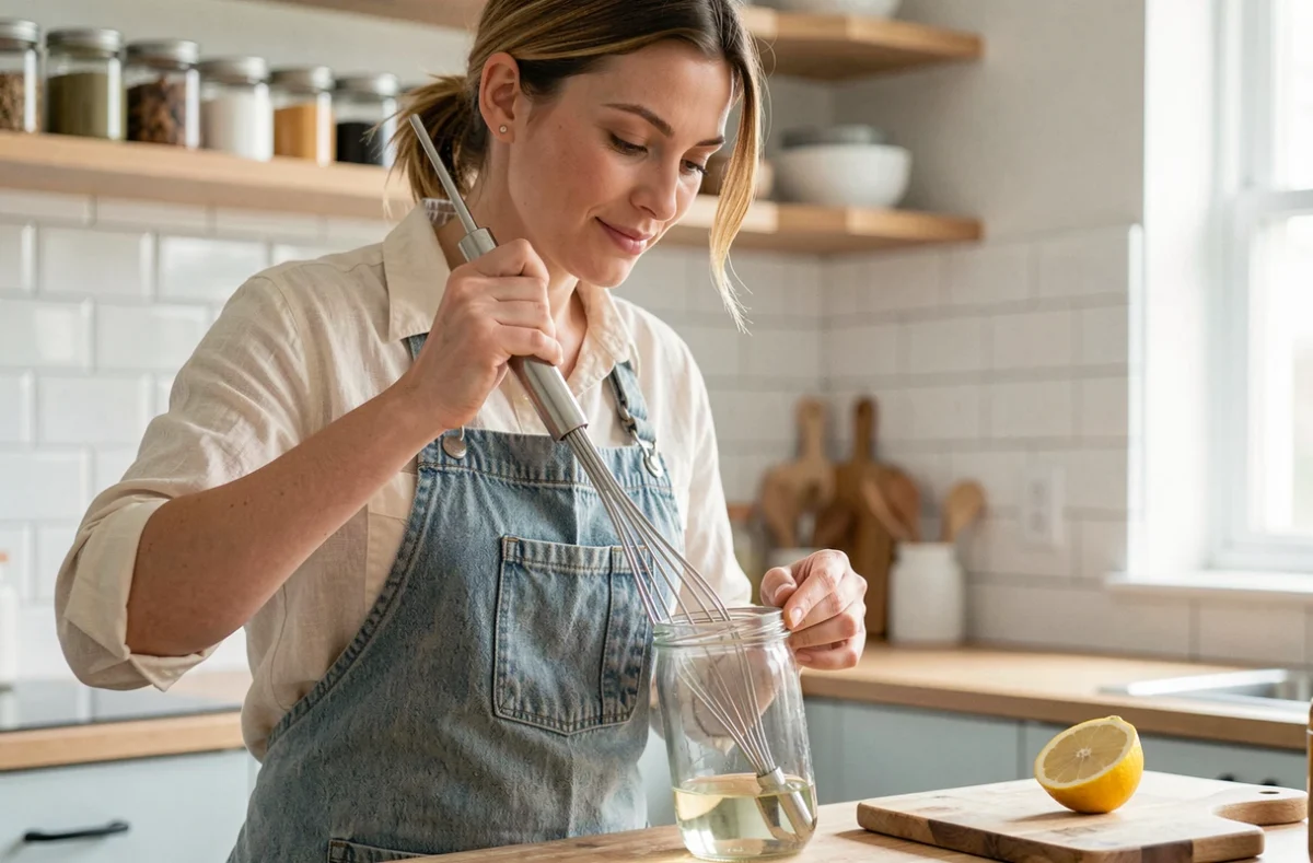 Femme préparant une mayonnaise maison en fouettant énergiquement dans un bocal en verre avec un fouet allongé dans une cuisine scandinave