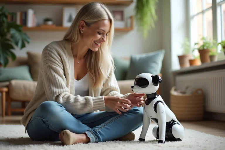 Femme assise avec un robot chien dans un salon cosy
