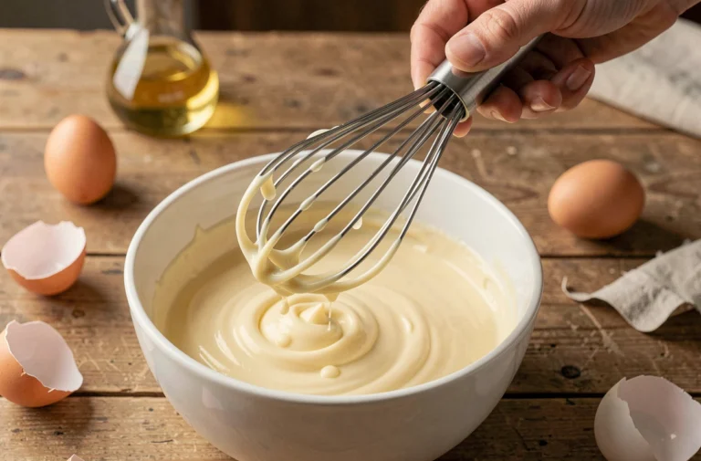 Main tenant un fouet ballon en acier inoxydable au-dessus d'un bol de mayonnaise maison crémeuse sur un plan de travail en bois