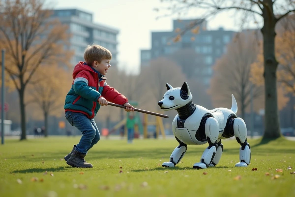 Garçon jouant avec un robot chien dans un parc urbain