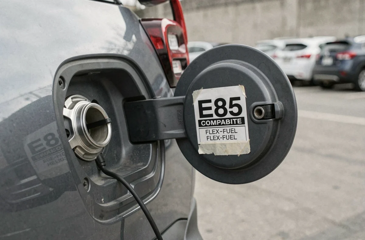 Gros plan sur le bouchon de carburant et l'étiquette de compatibilité E85 d'un Citroën C3 Aircross gris anthracite