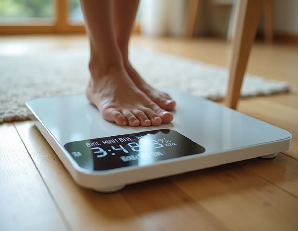 Gros plan d'une balance impédancemètre affichant les données de composition corporelle dont la masse musculaire