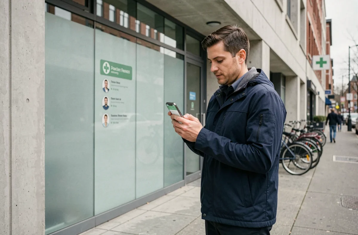 Homme consultant une application mobile pour trouver un médecin fiable devant une clinique médicale en ville
