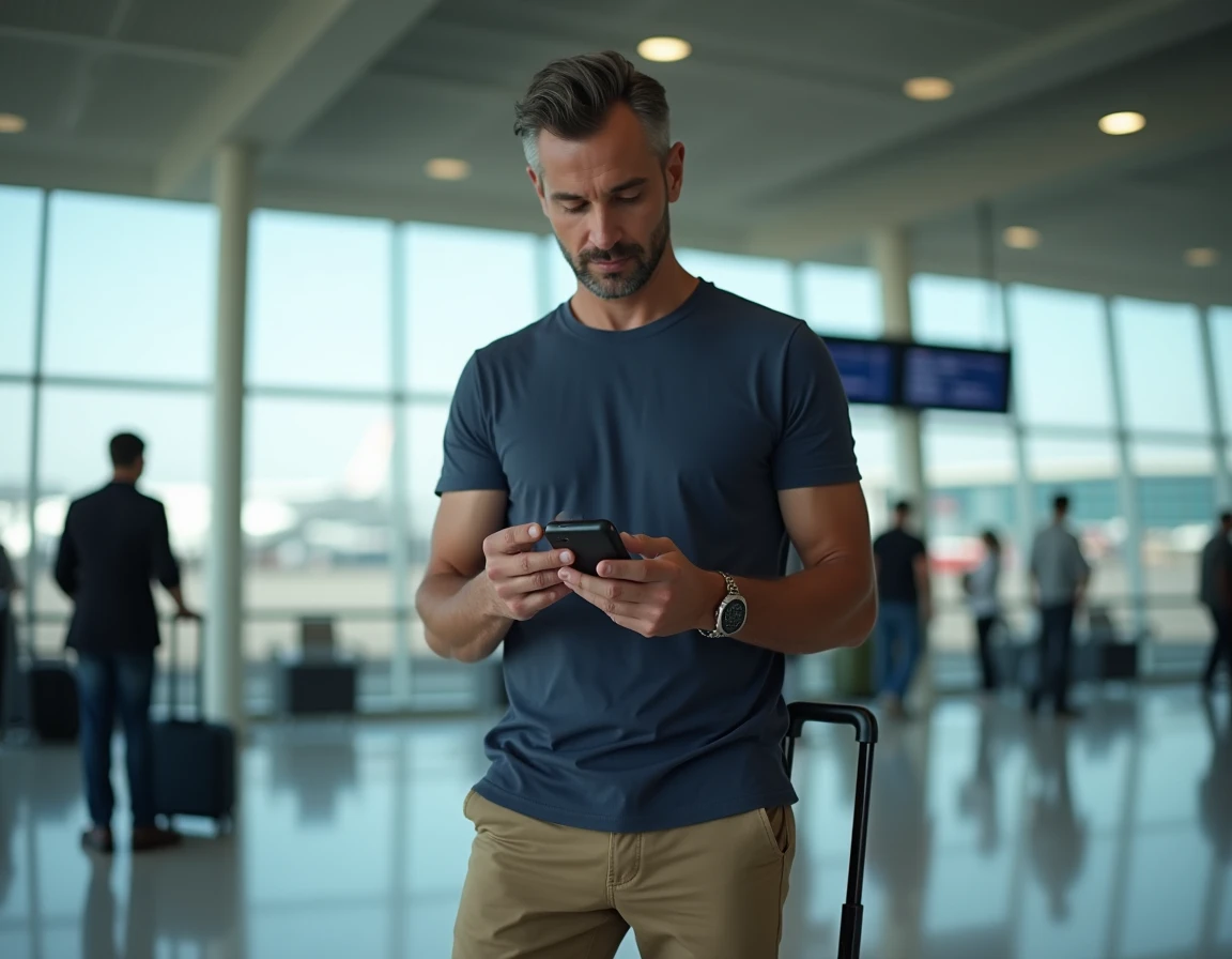 Homme vérifiant une application de voyage sur son smartphone dans un terminal d'aéroport international