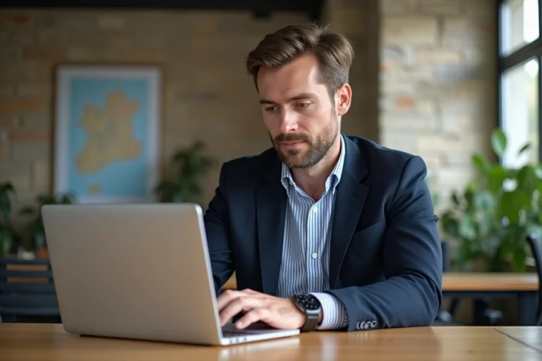 Homme breton en blazer et chemise rayée au bureau