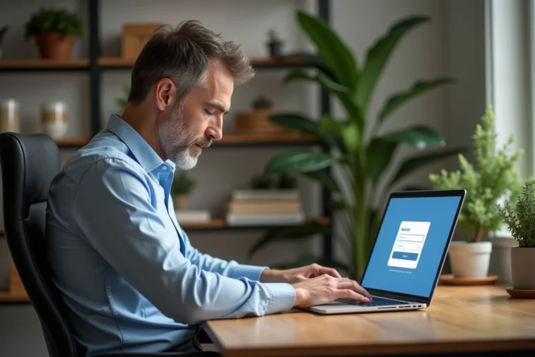 Homme d'âge moyen travaillant sur son ordinateur dans un bureau cosy