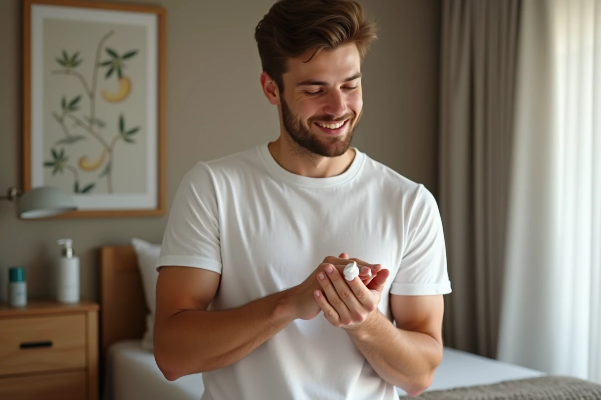 Jeune homme appliquant une creme dans sa routine matinale