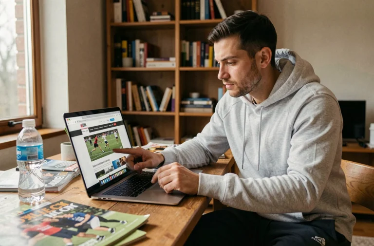 Homme consultant un plan de site sportif sur un ordinateur portable dans un bureau à domicile