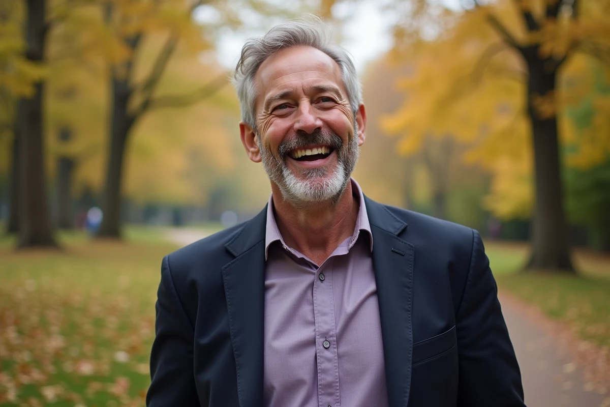 Homme souriant dans un parc en automne avec des feuilles